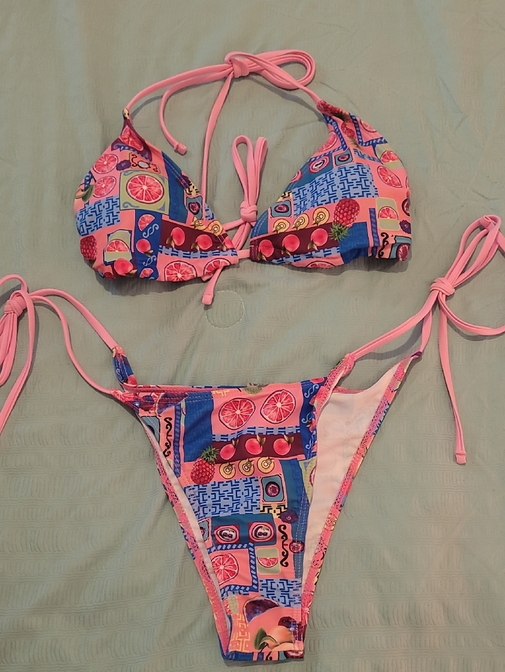 Pink & Blue Fruit Print String Bikini
